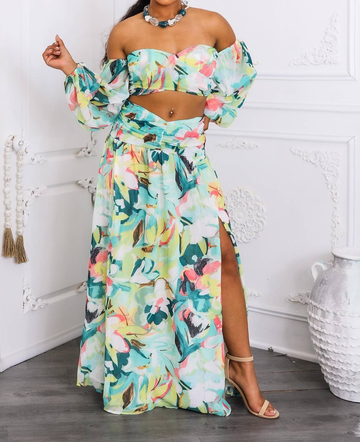 Surelymine - Tropical Floral Puff Sleeve Two-Piece Set with Slit Skirt