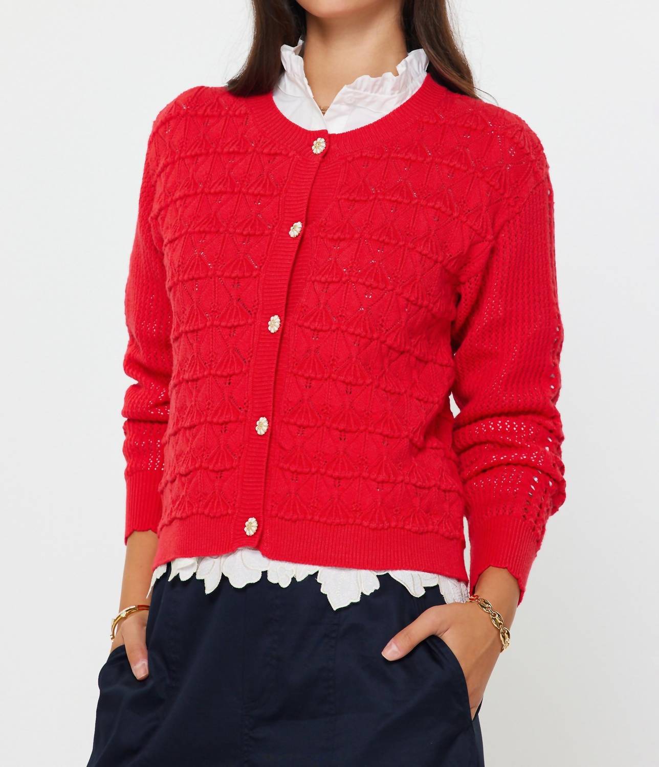 current air Multi-texture Knit Patterned Cardigan in red - women's cardigan