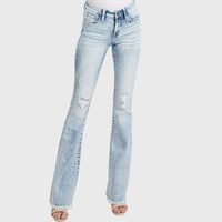 Petra153 - Women's Distressed Mid Rise Flare Jean - Petite