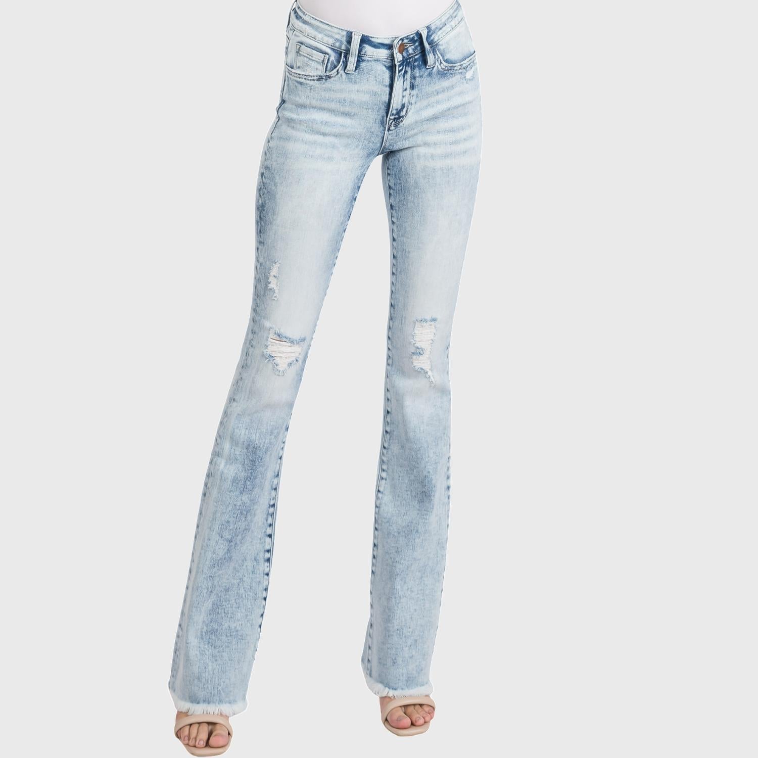 Petra153 - Women's Distressed Mid Rise Flare Jean - Petite