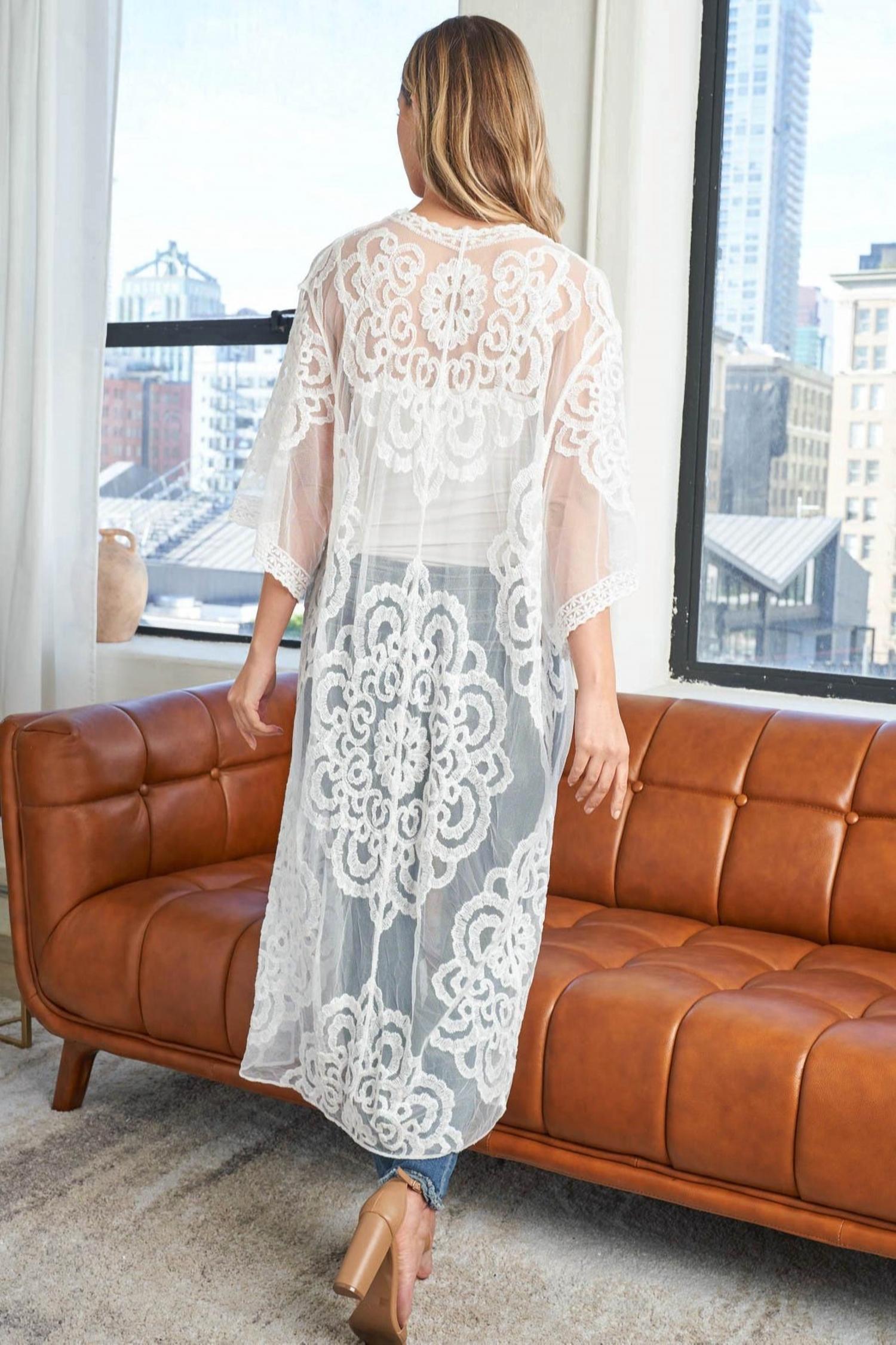 Riah Fashion - Flower Lace Embroidery Open Front Summer Bohemian Kimono
