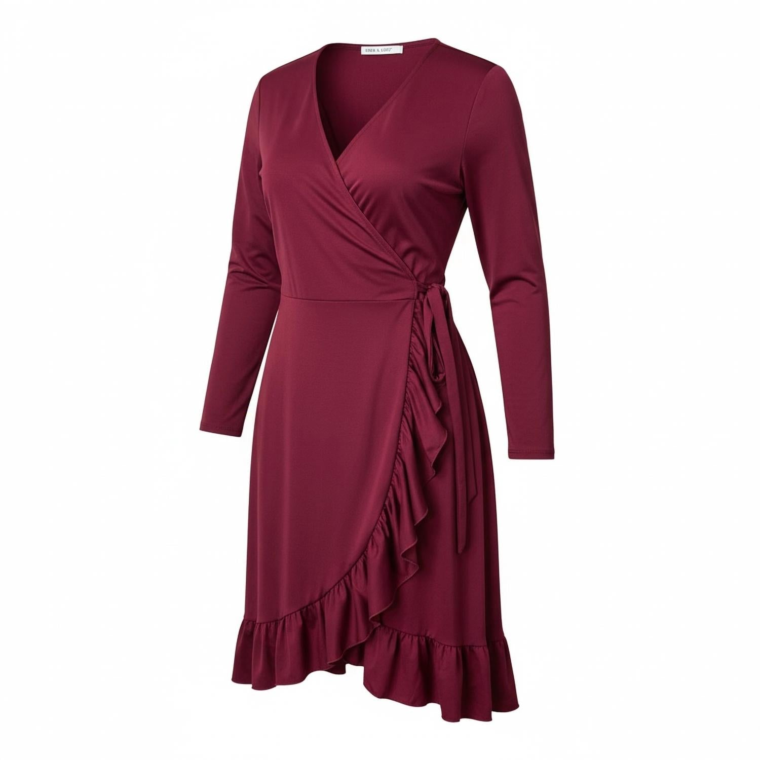CHRIS & CAROL Women's Ruffle Midi Wrap Dress in wine - women's dress