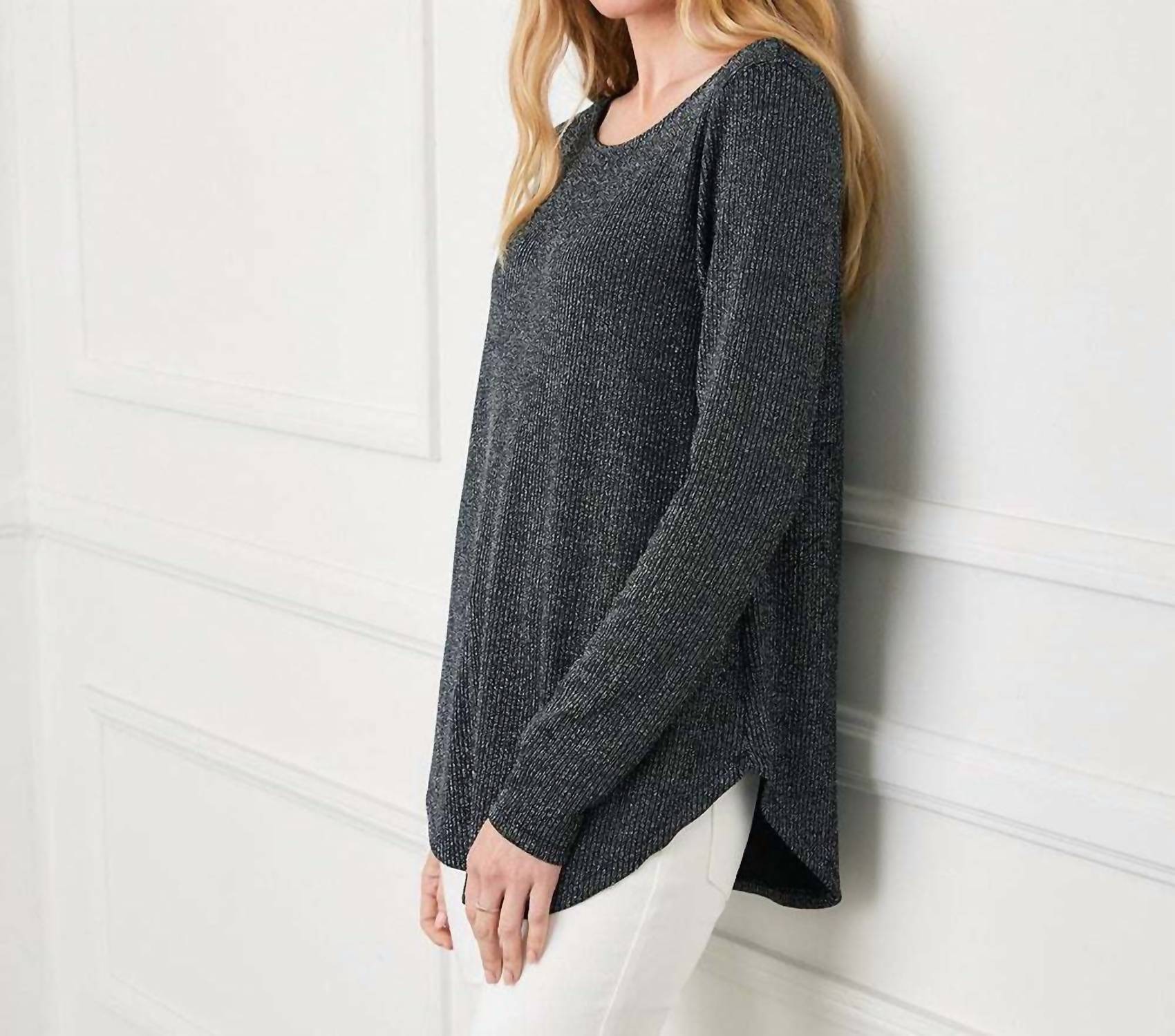 Karen Kane Metallic shirt in black - women's long sleeve top - detail view