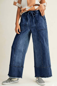 Little Daisy Closet - Coastal Wide Leg Raw Hem Drawstring Jeans