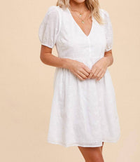 Hem & Thread - V Neck Puff Sleeve Eyelet Embroidery Dress