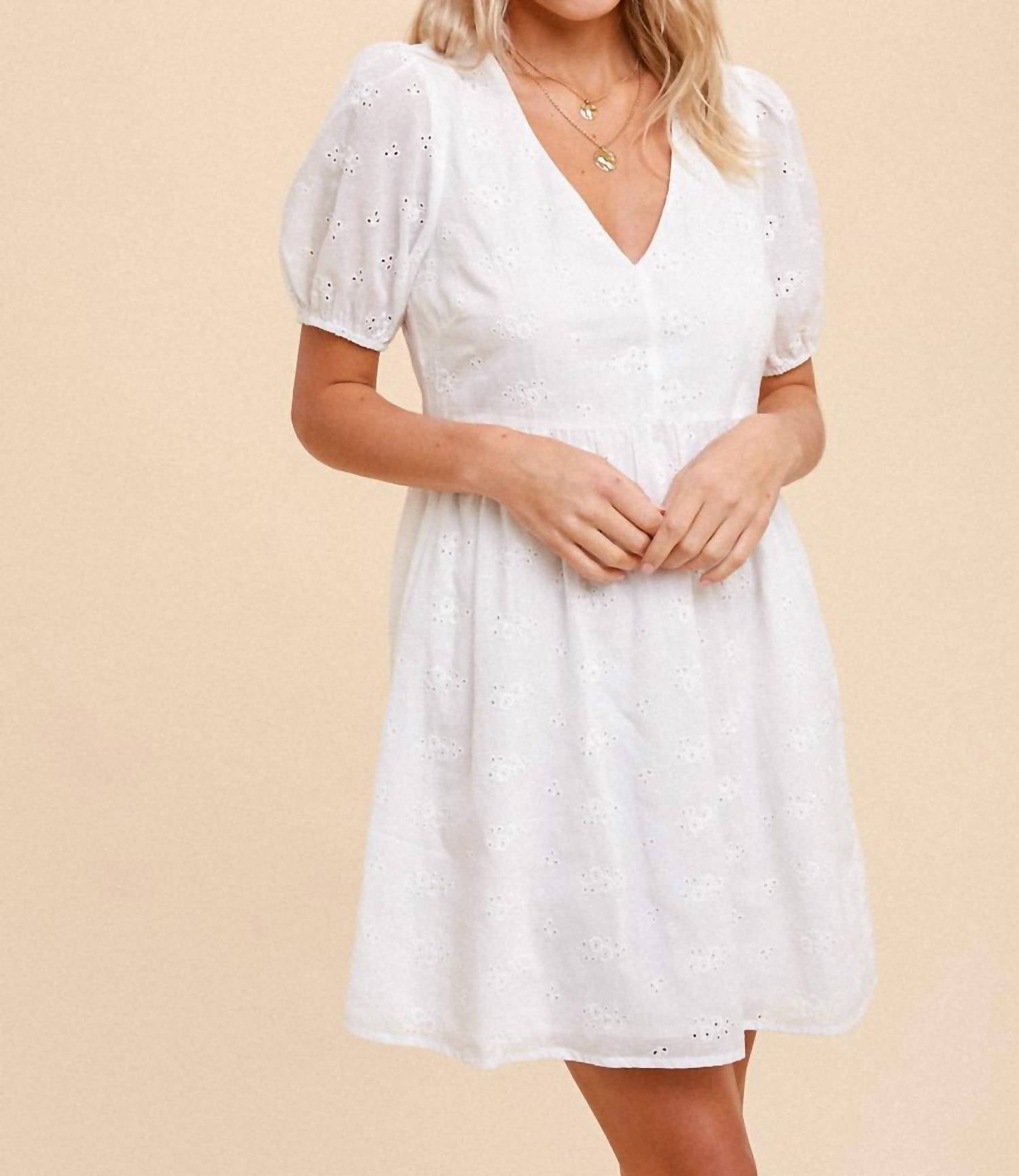Hem & Thread - V Neck Puff Sleeve Eyelet Embroidery Dress