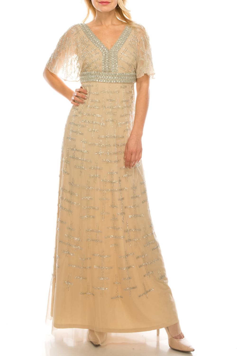 Aidan Mattox - V-neck Cape Sleeve Embellished Dress