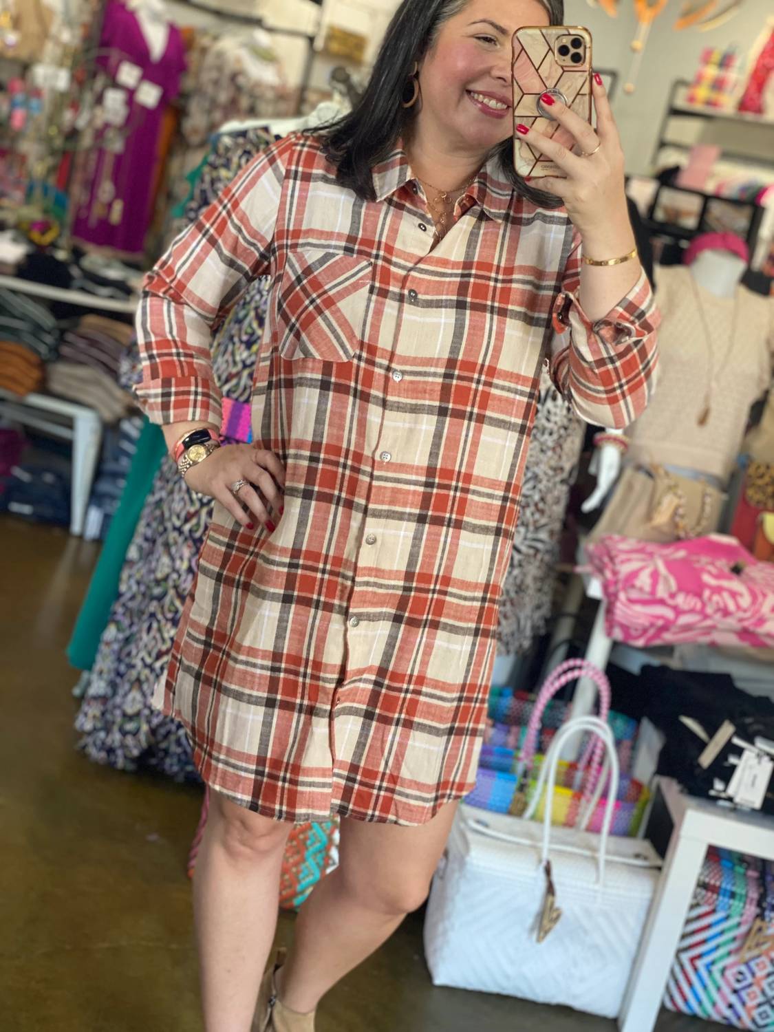 Staccato - Collared Button Closure Plaid Shirt Dress