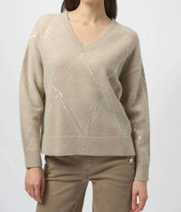 Joseph Ribkoff Sequined V-neck Pullover Sweater Top in oyster - women's sweater