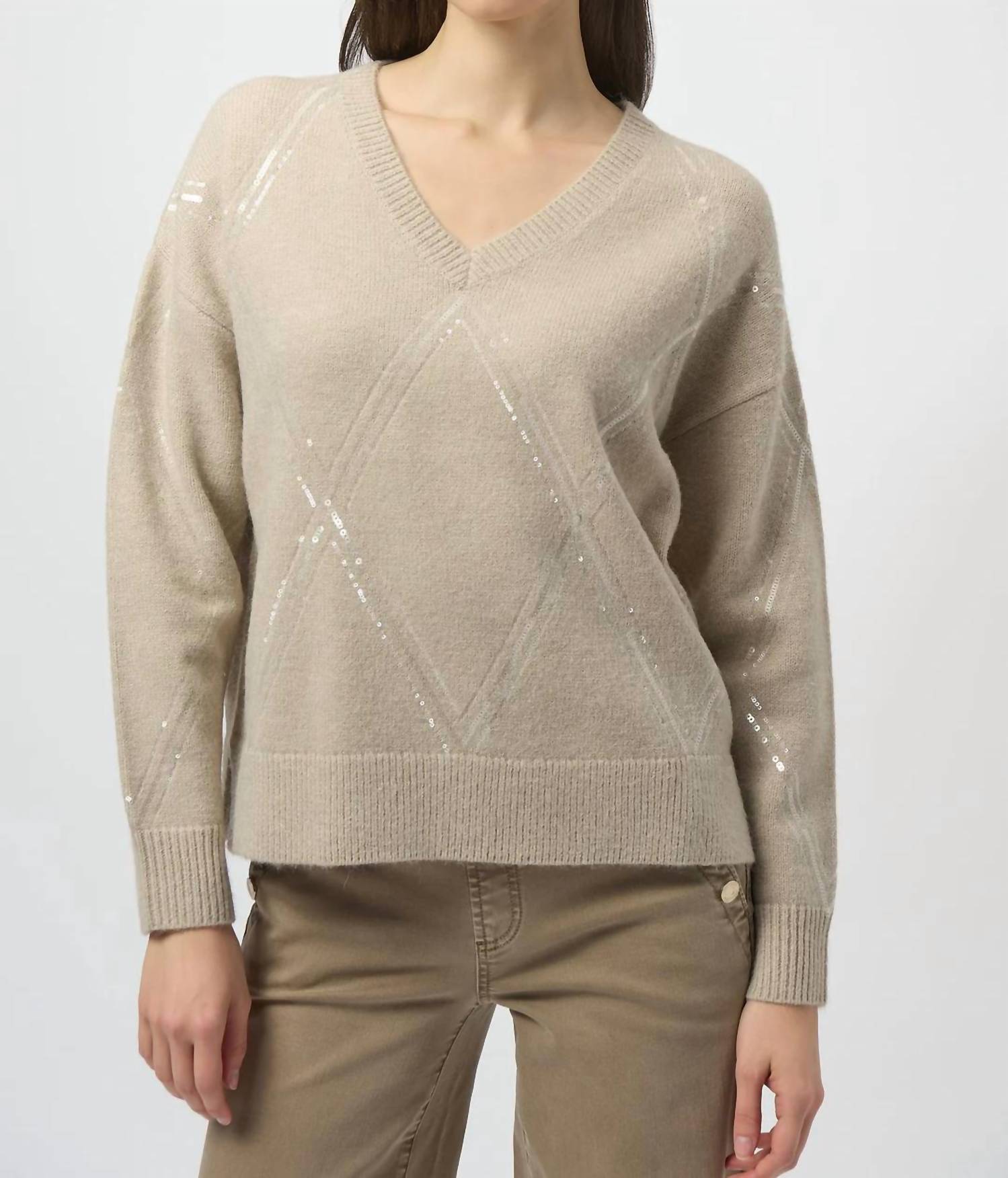 Joseph Ribkoff Sequined V-neck Pullover Sweater Top in oyster - women's sweater