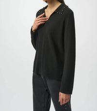 Joseph Ribkoff Pearl Collar Cashmere Sweater Top in black - women's sweater - detail view