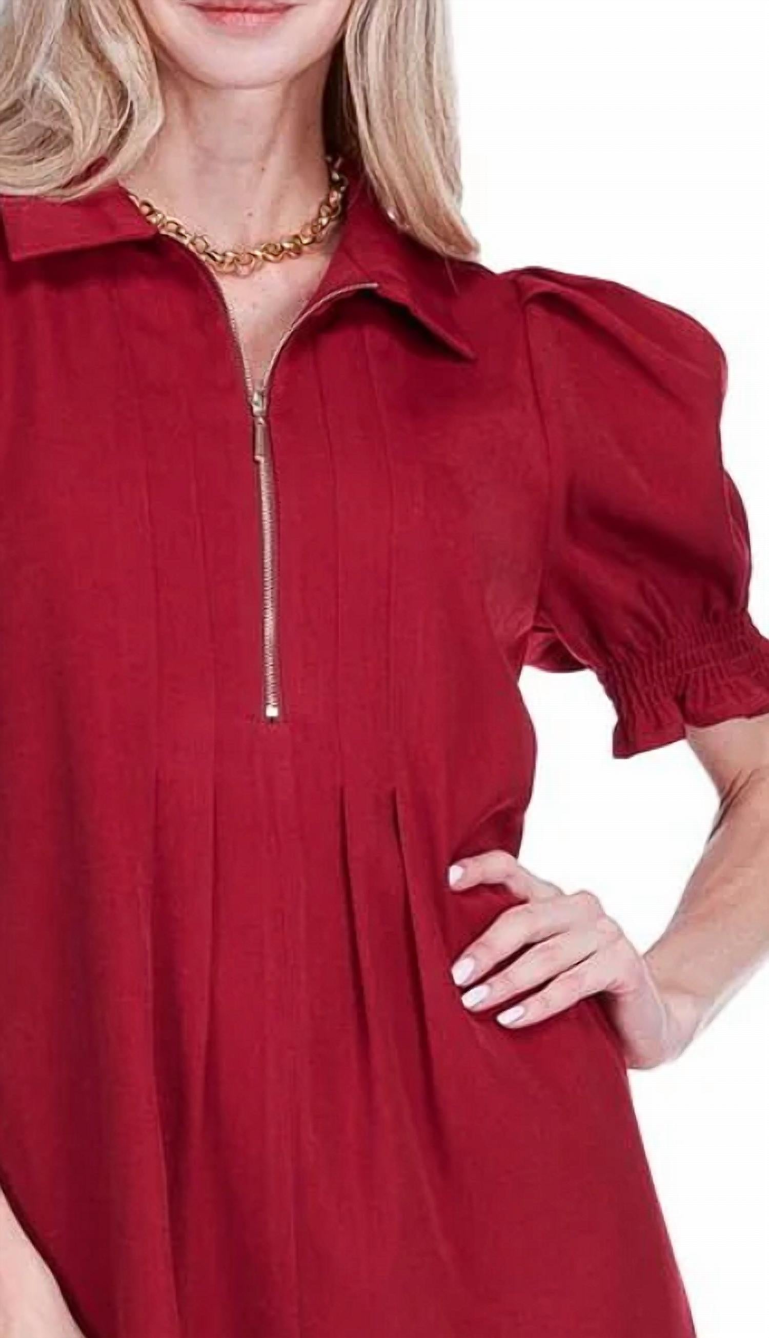 Jade Front Zip Darts Dress in wine - women's dress - detail view