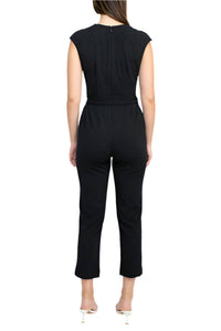 Nine West - V-neck Sleeveless Tie Waist Solid Crepe Jumpsuit