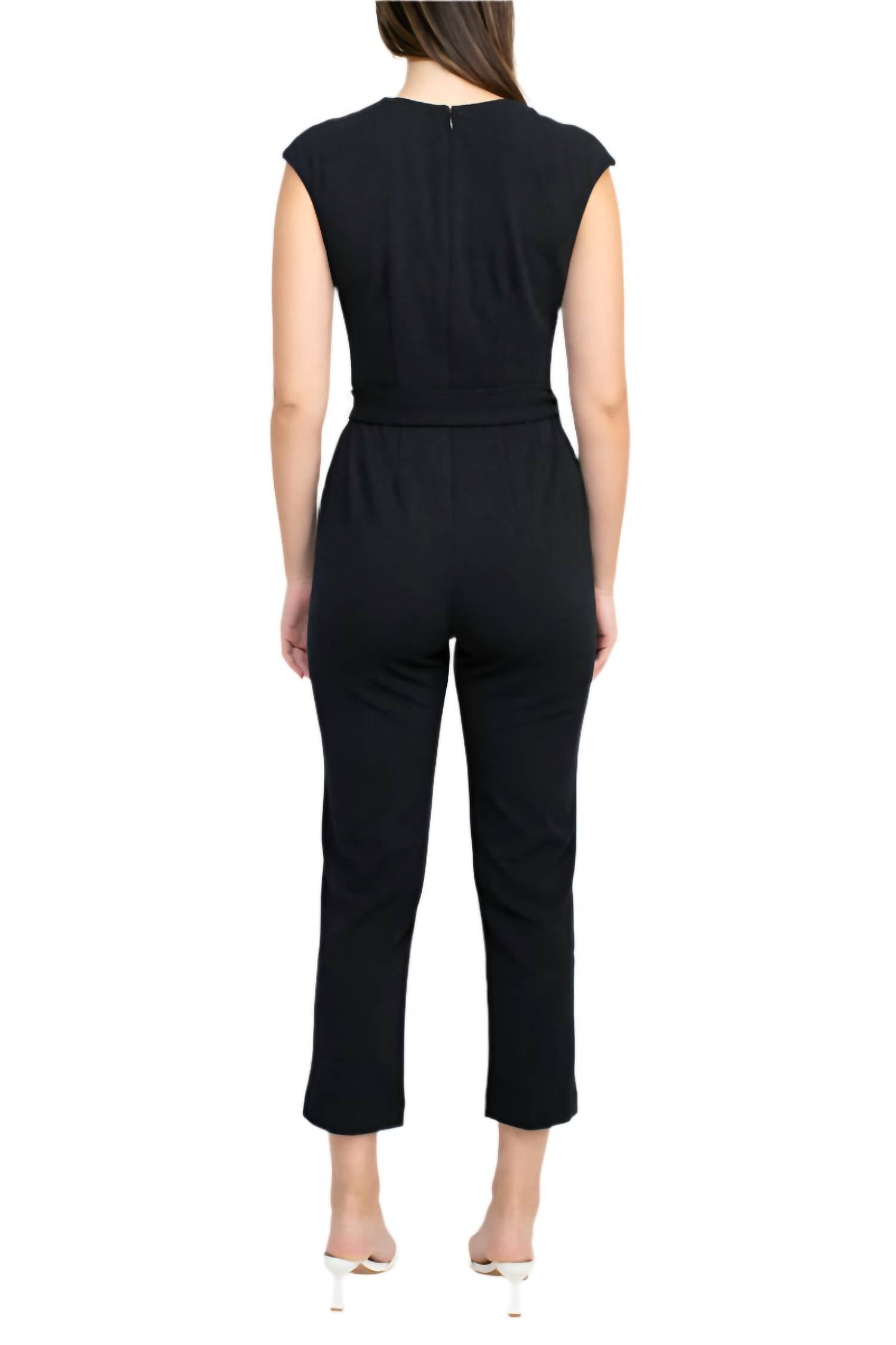 Nine West - V-neck Sleeveless Tie Waist Solid Crepe Jumpsuit
