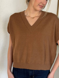 PINCH Gia V Neck Knit Sleeveless Top in camel brown - women's sweater - view 4