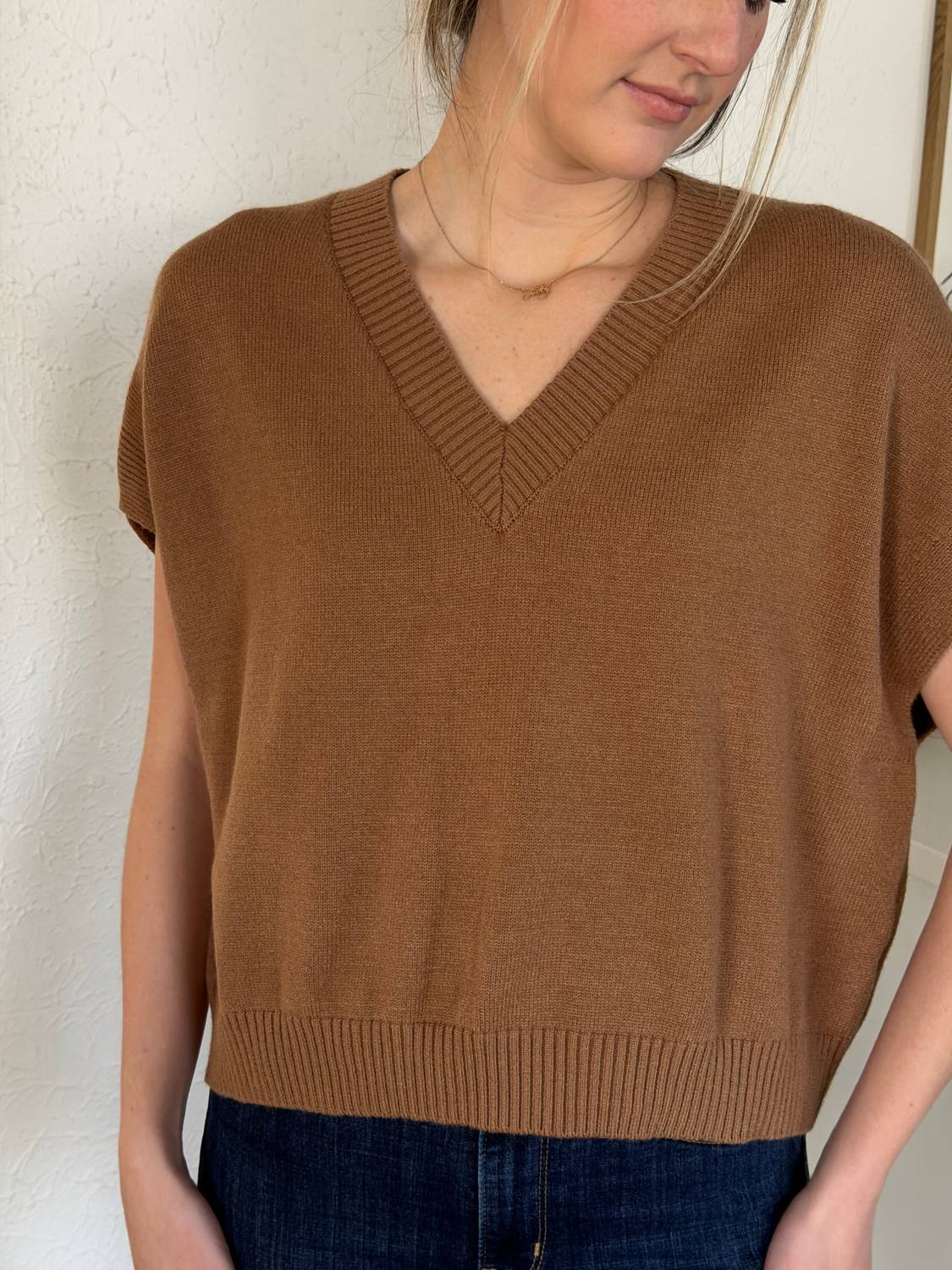 PINCH Gia V Neck Knit Sleeveless Top in camel brown - women's sweater - view 4