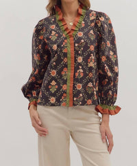 Entro - Floral Print Long Sleeve Top With Ruffle Trim
