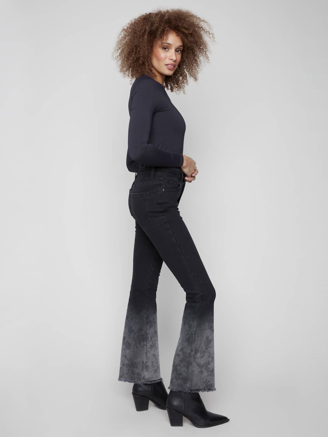 Charlie B - Flare Leg Denim Pants With Flower Washblast Hem