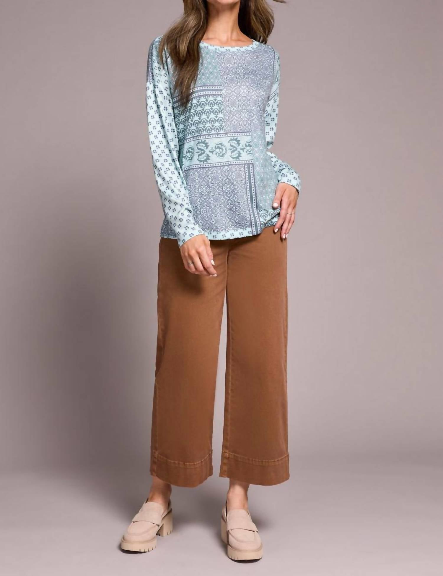 TRIBAL Crew Neck Combo Long Sleeve Top in pastel teal - women's long sleeve top