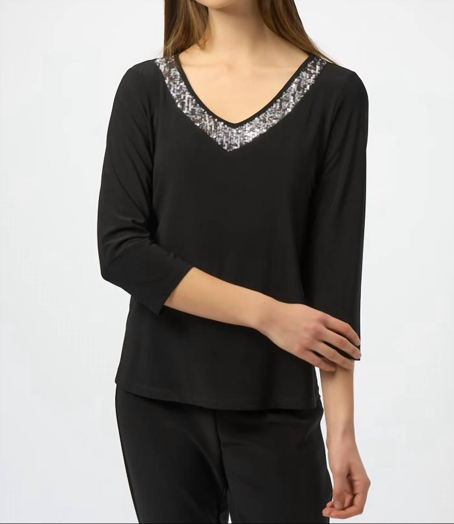 Joseph Ribkoff Chic V-neck Pullover in black silver 1 - women's blouse