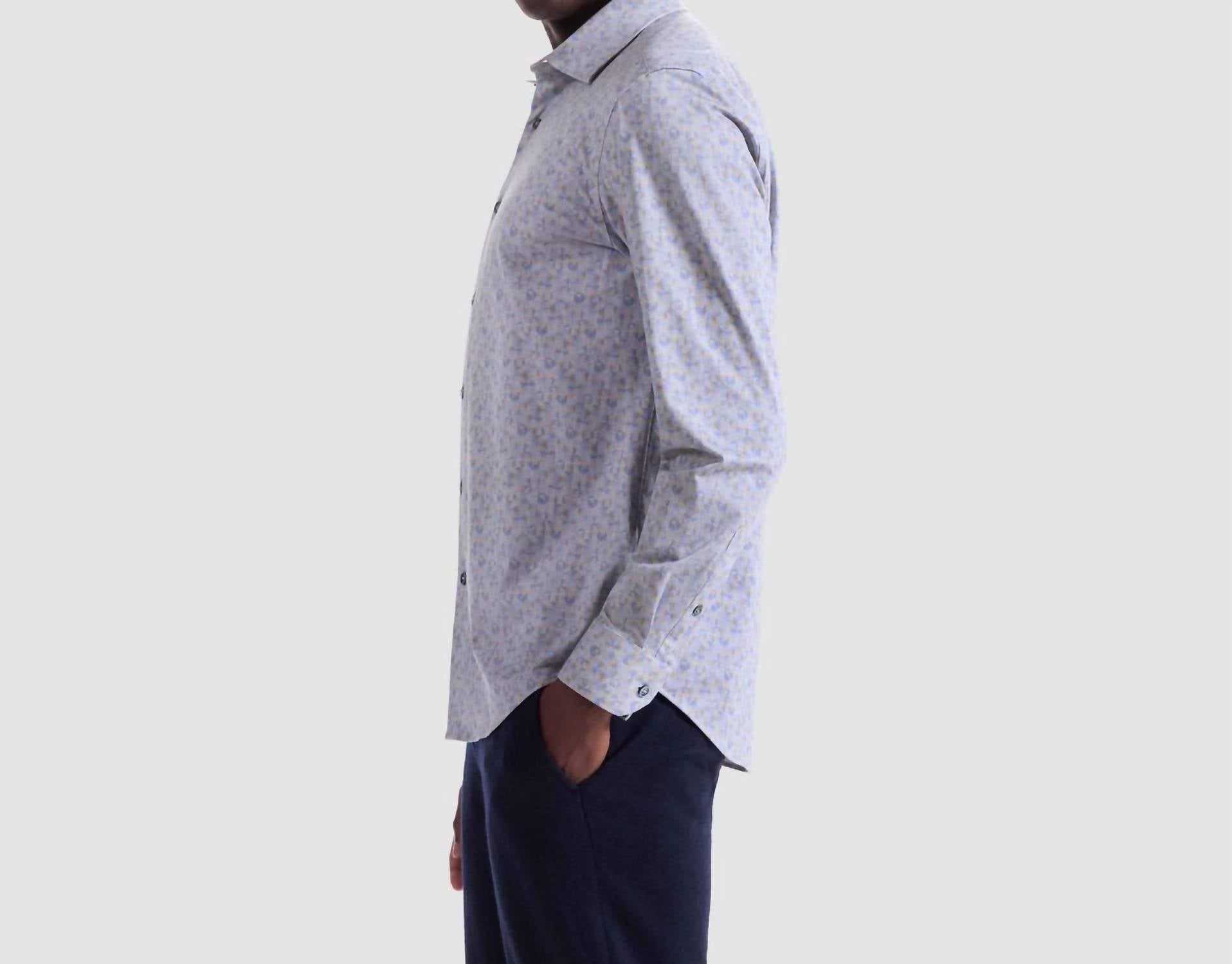 Bugatchi Uomo Geometric Print 8 Way Stretch Shirt in sand - men's shirt - detail view