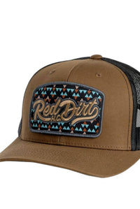 Red Dirt Hat Company Men's Gambler Trucker Snapback Cap in coyote brown black - men's hat - detail view