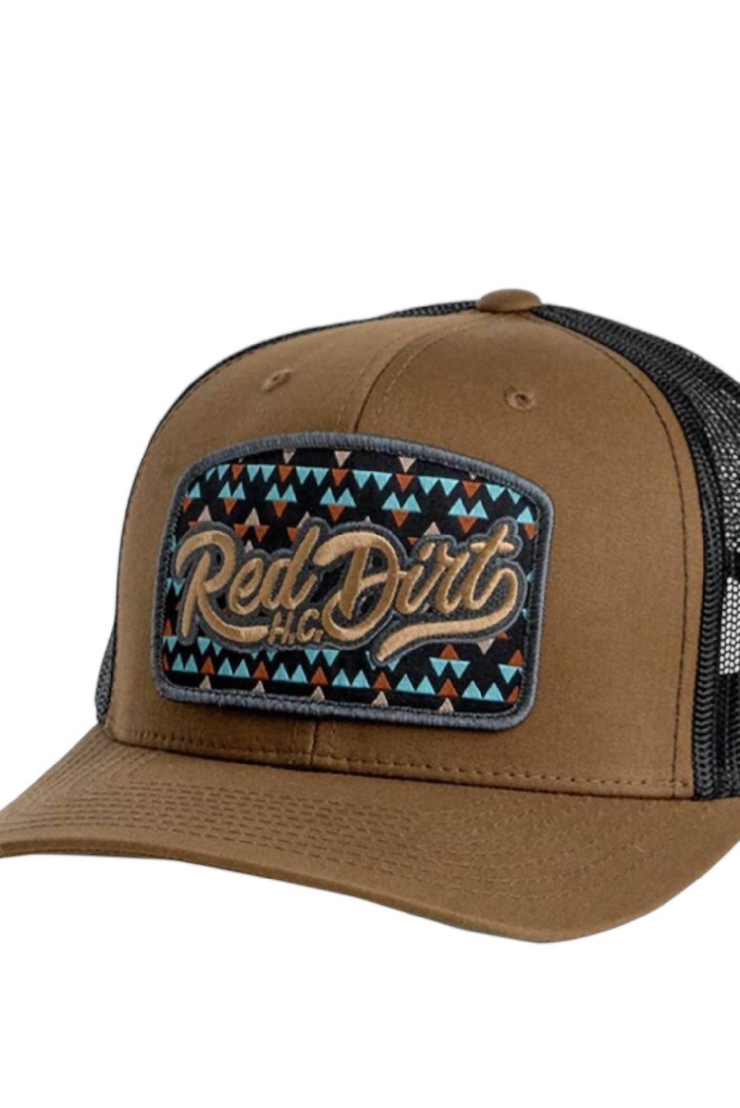 Red Dirt Hat Company Men's Gambler Trucker Snapback Cap in coyote brown black - men's hat - detail view