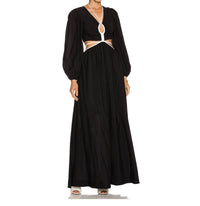 Tierneigh Solid Puff Sleeve TearDrop Cut Out Maxi Dress