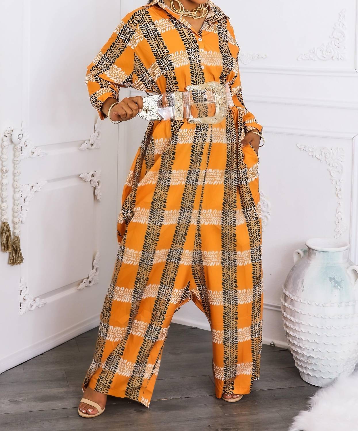 Surelymine - Oversized Tribal Print Button-up Kimono Jumpsuit
