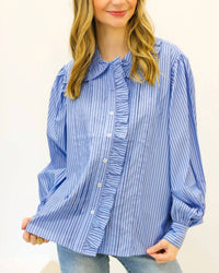 Karlie - Stripe Poplin Ruffle Collar Pleat Top