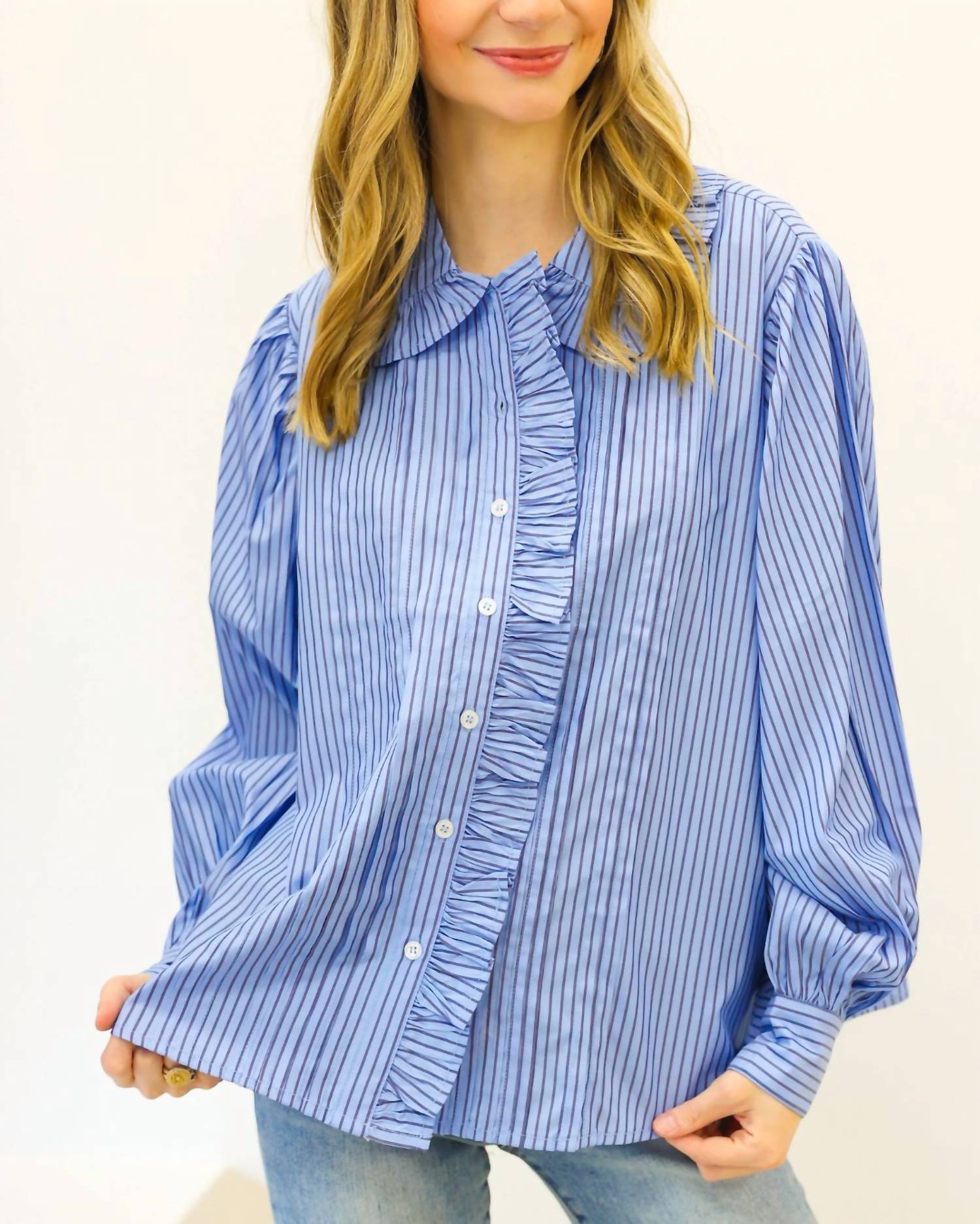 Karlie - Stripe Poplin Ruffle Collar Pleat Top