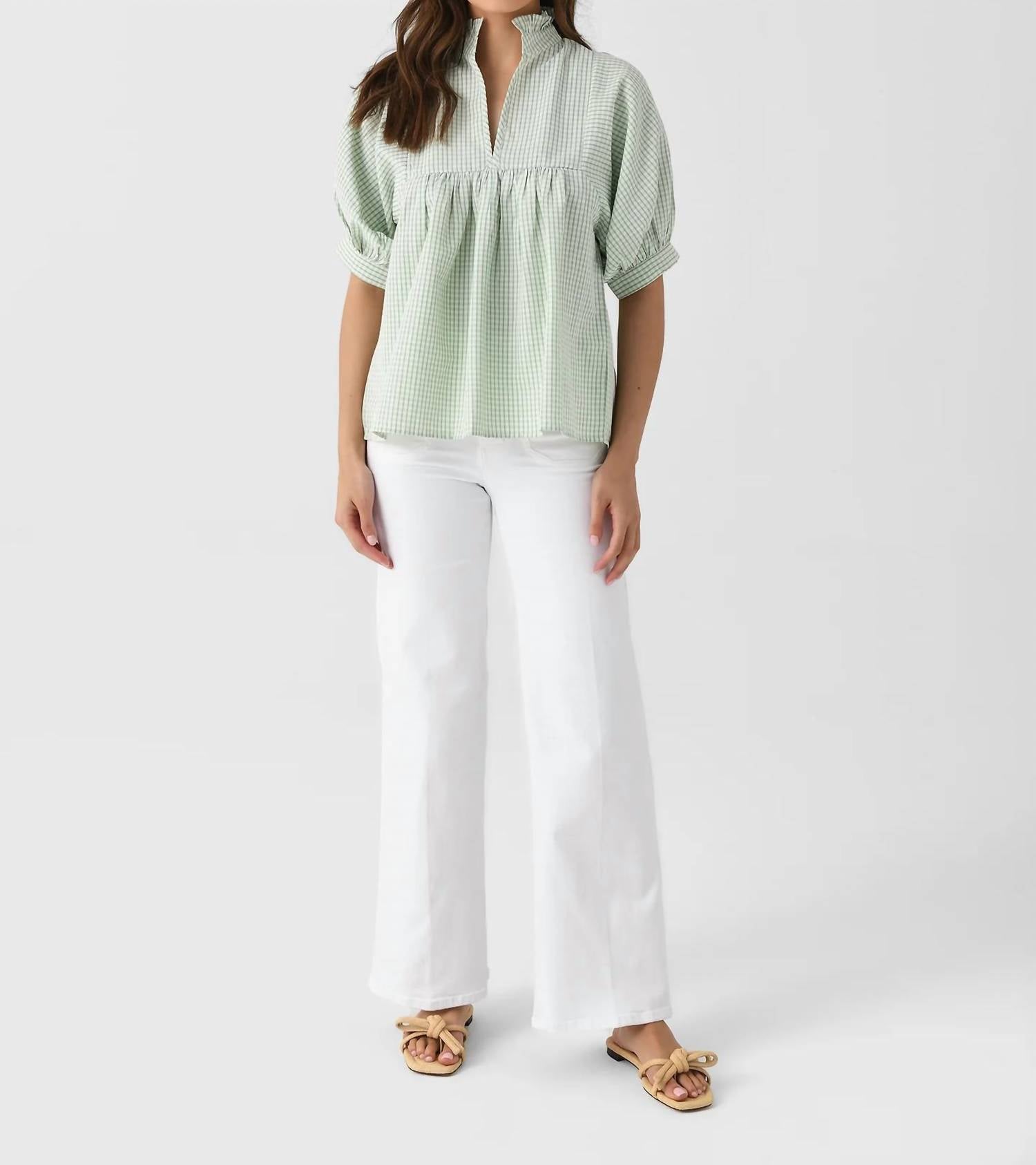 Never a Wallflower High Neck Top in green plaid - women's blouse - view 4