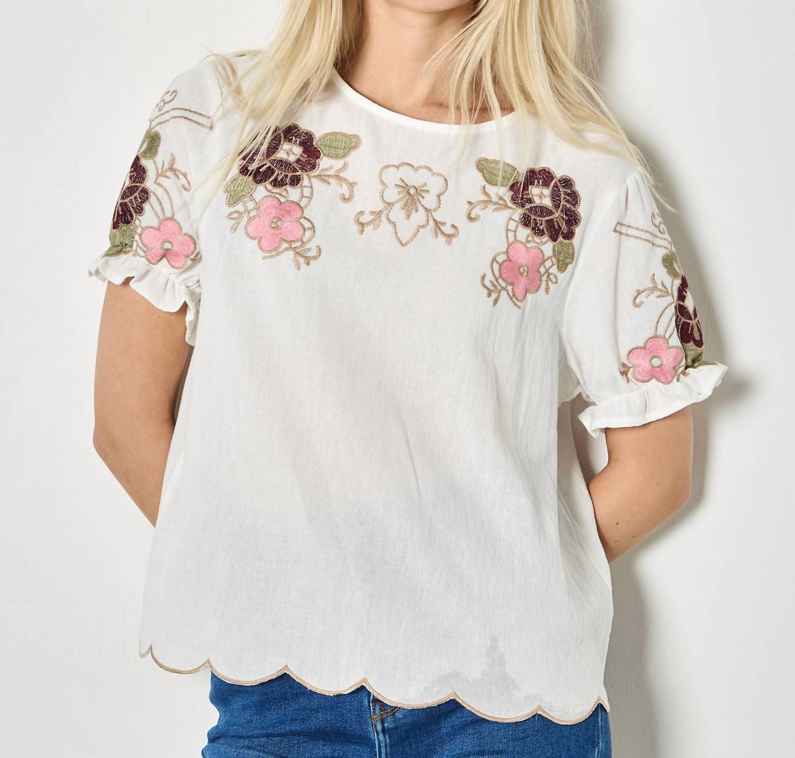 APRICOT Floral Embroidered Ruffle Sleeve Top in white - women's blouse