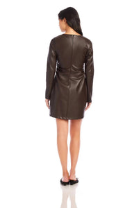 Fifteen Twenty Faux Leather Ruched Mini Dress in brown - women's dress - detail view