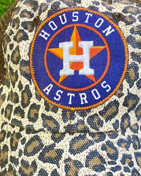 Sweet Texas Treasures Men's Houston Astros Distressed Trucker Caps in leopard with brown mesh - men's hat - detail view
