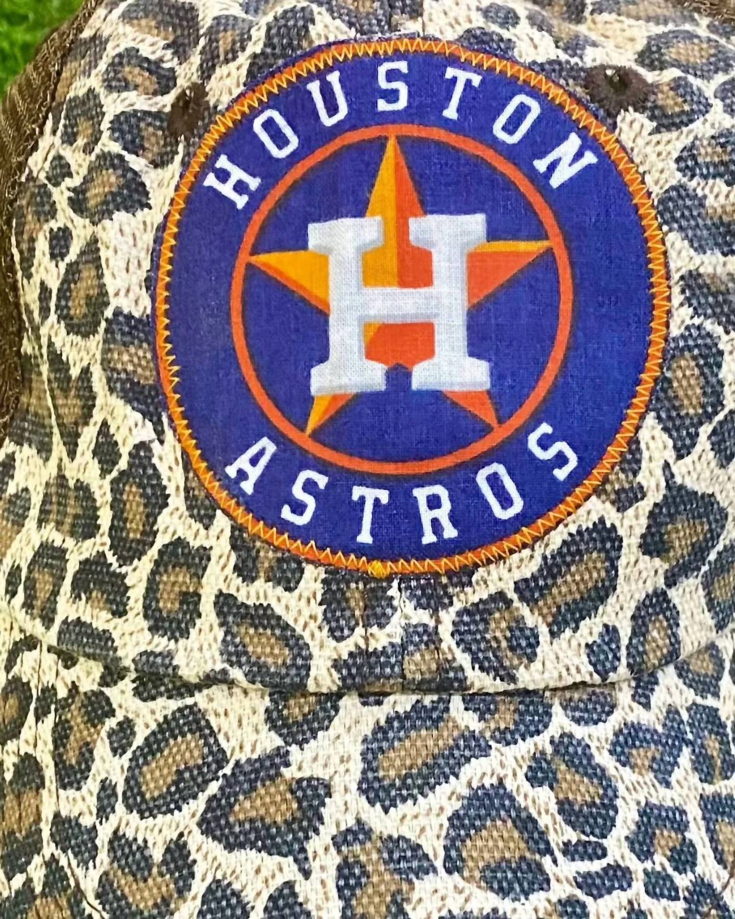 Sweet Texas Treasures Men's Houston Astros Distressed Trucker Caps in leopard with brown mesh - men's hat - detail view