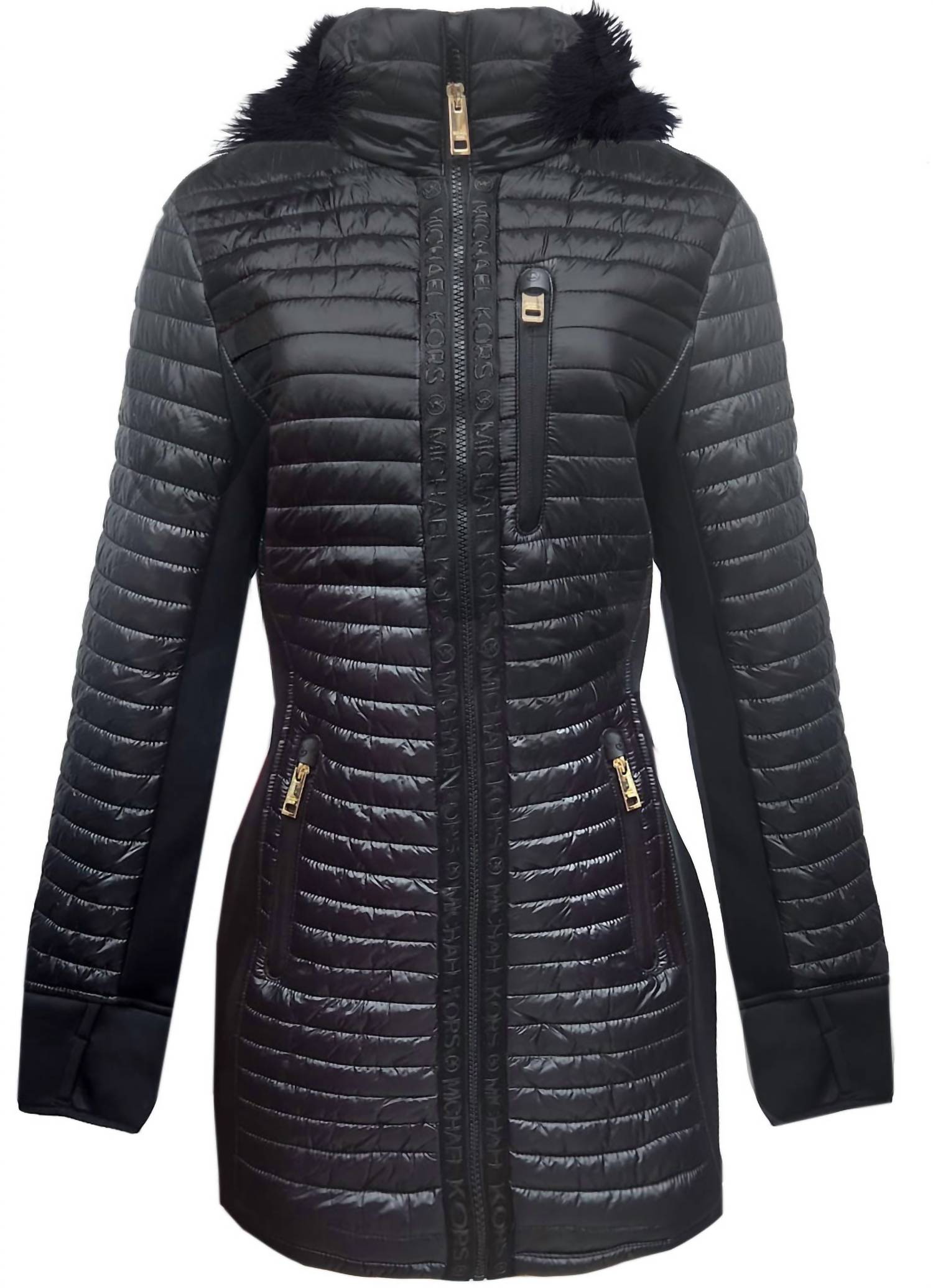 Michael Kors - Women's Quilted Mixed Media 3/4 Coat Jacket with Faux Fur