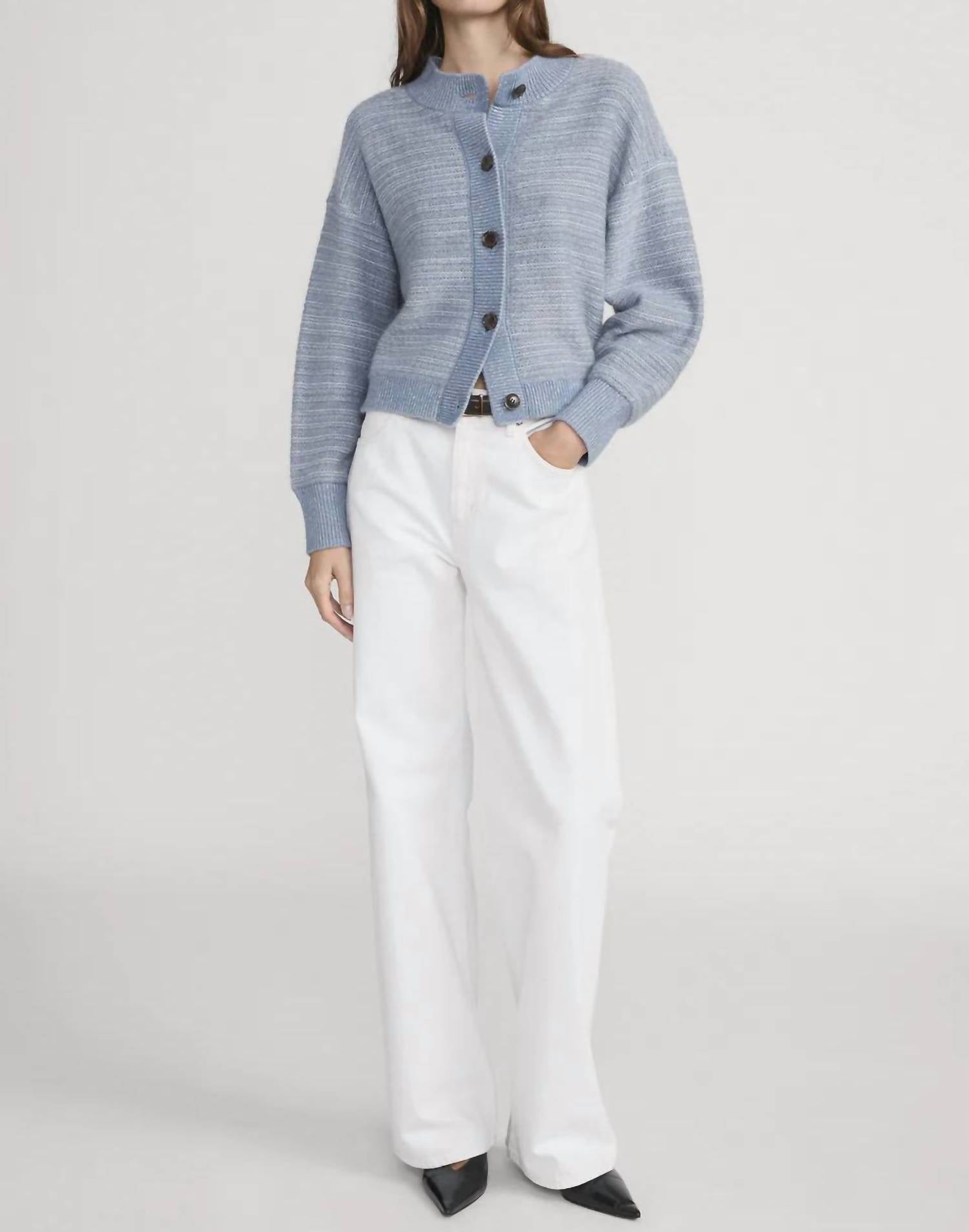 FRAME Jacquard Femme Cardigan in sky blue multi - women's cardigan