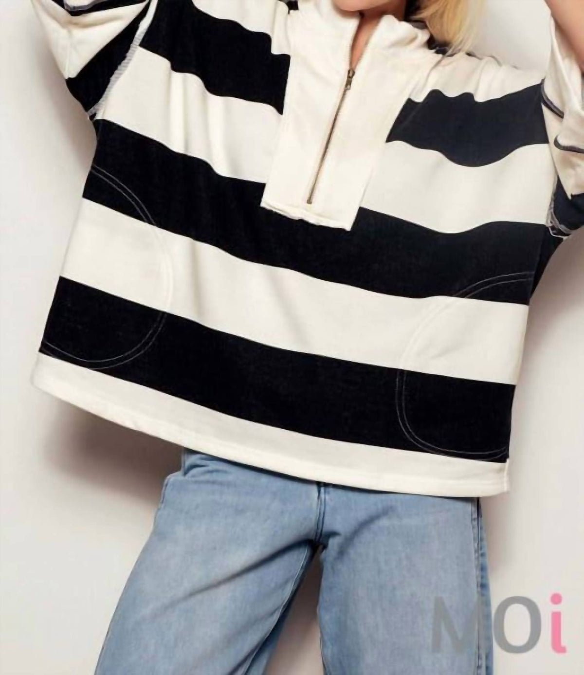 Urban Daizy - Oversized Half Zip Bold Stripe Statement Pullover Sweatshirt