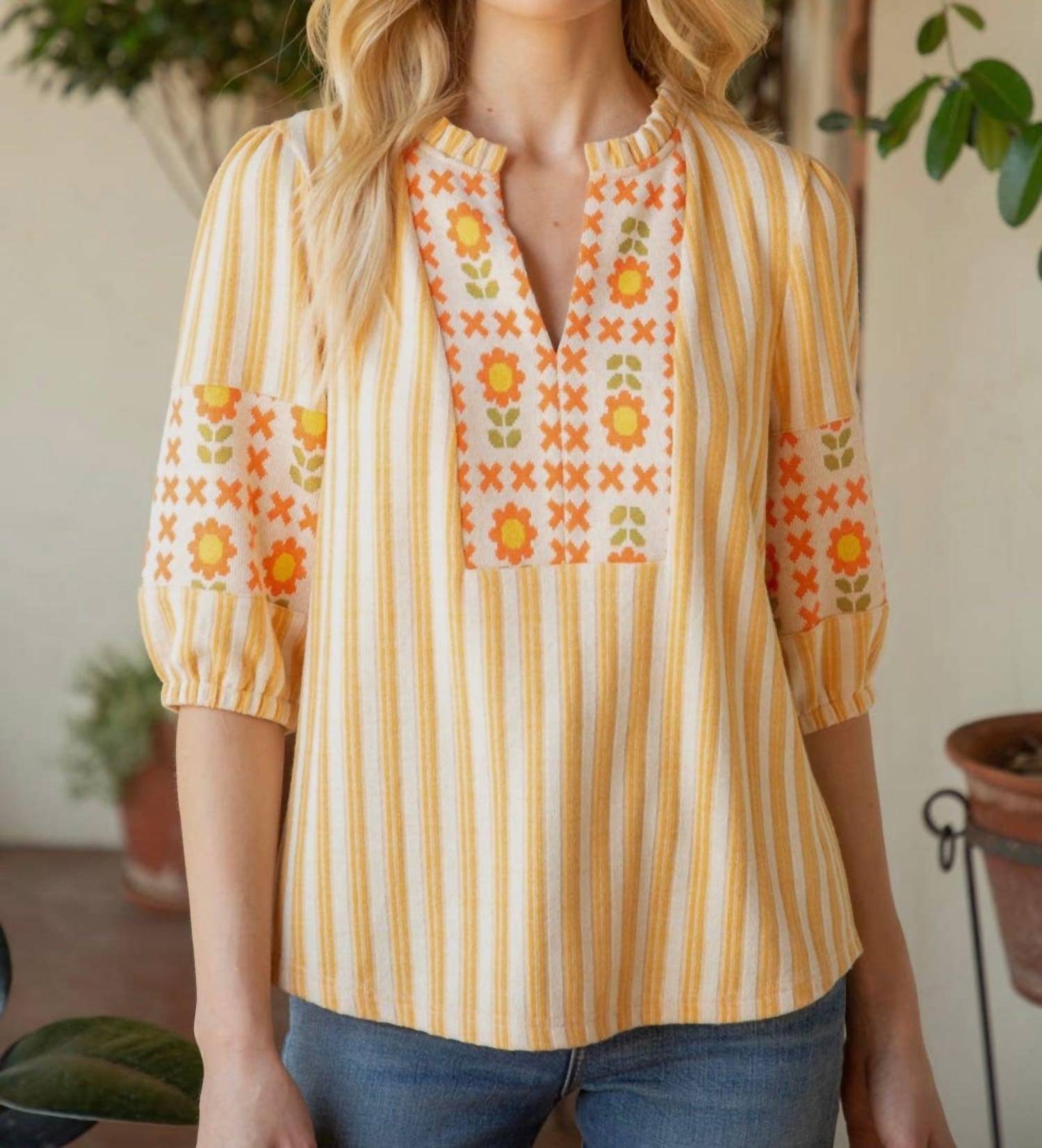 Voy - Stripe and Floral Pattern Mixed Knit Top