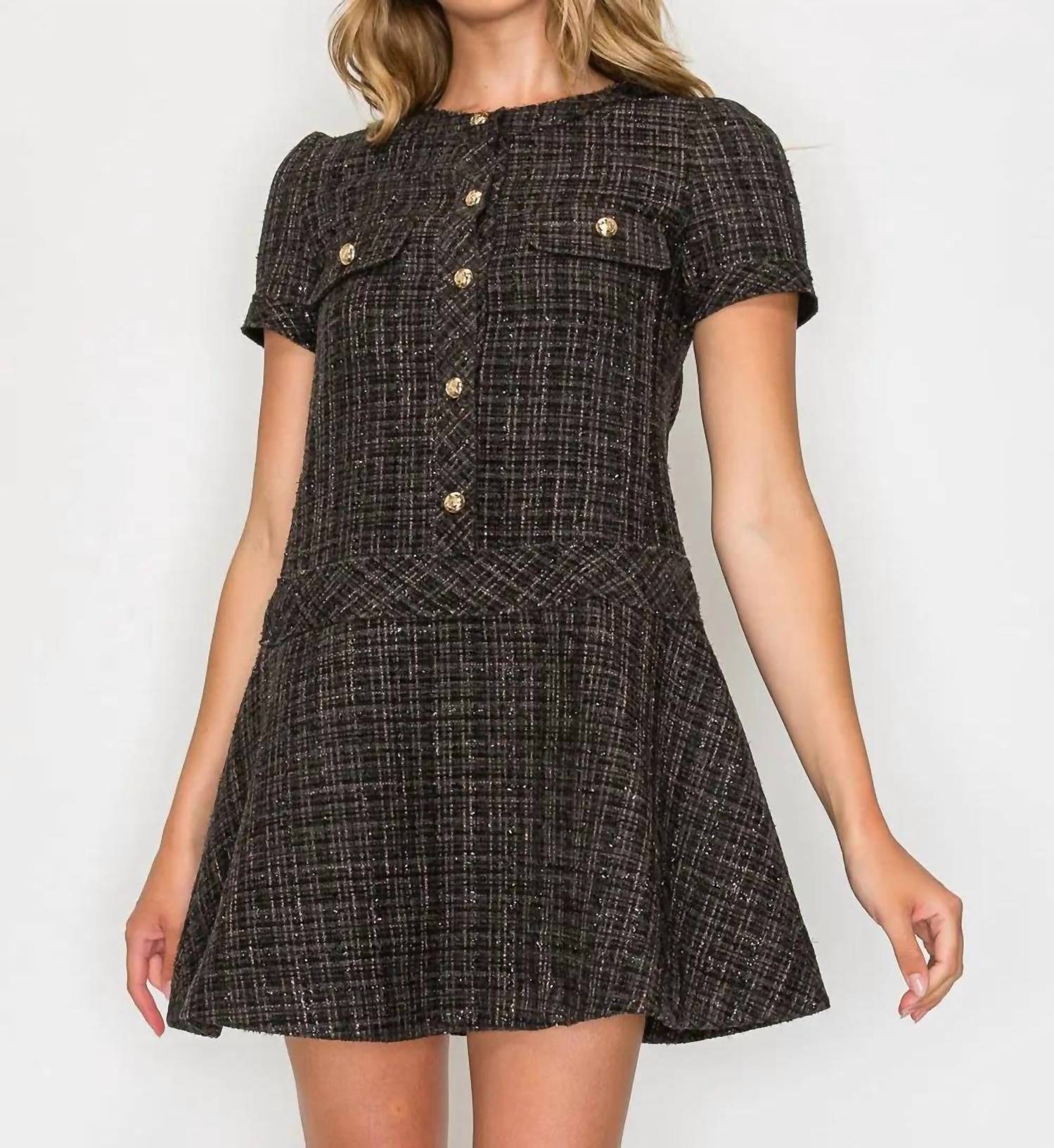 Meet Me in Santorini Tweed Short Sleeve Dress in santorini tweed short sleeve dress in ebony - women's dress