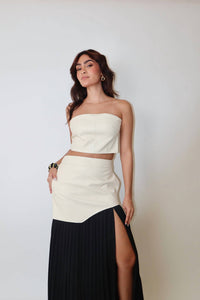 Mulla - Faux Leather Top And Pleated Slit Skirt Set