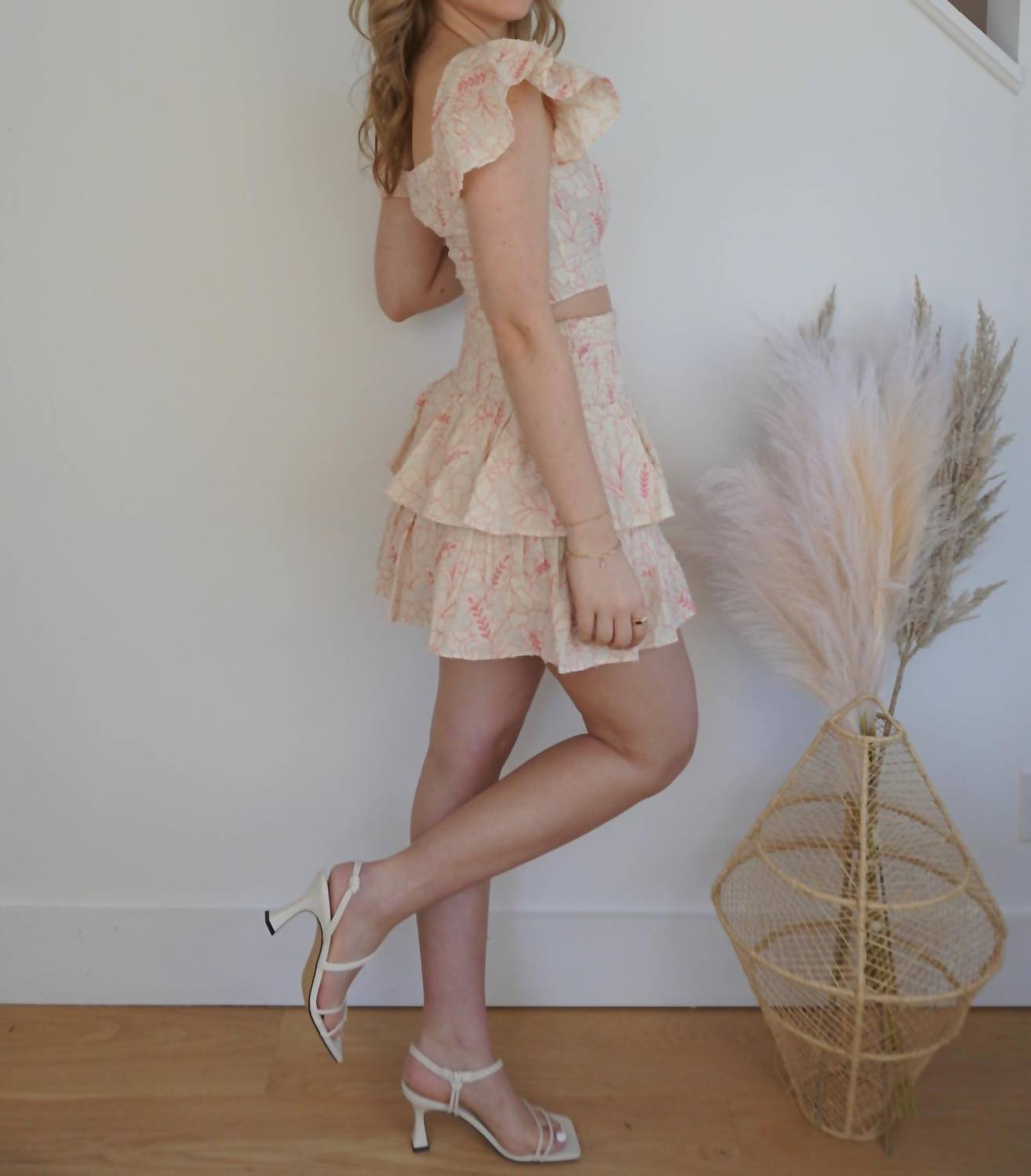 NIBI MTK Cleo Mini Skirt in pink jacquard - women's skirt - detail view