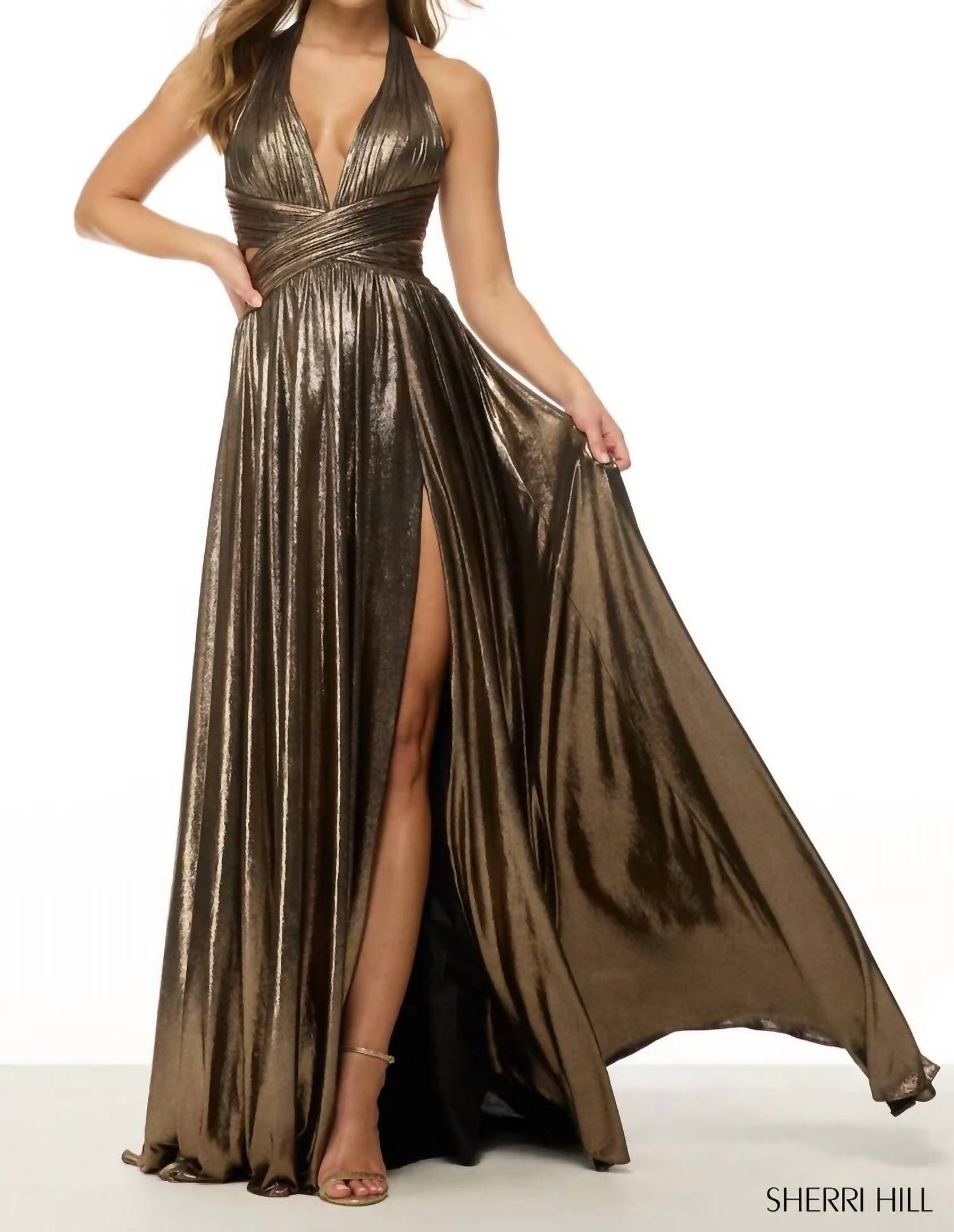 Sherri Hill - Modest A Line Halter Metallic Long Prom Dress With Slit
