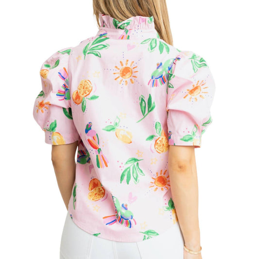 Karlie - Toucan Fruit Puff Sleeve Button Down Top