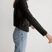 Madewell Washed Leather Motorcycle Short Jacket in black - women's jacket - detail view