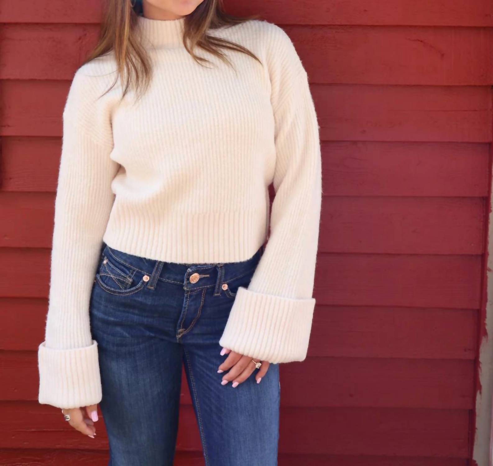 Sage The Label - Mock Neck Foldover Sleeve Sweater