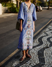Farm Rio - Embroidered Long Sleeve Midi Dress