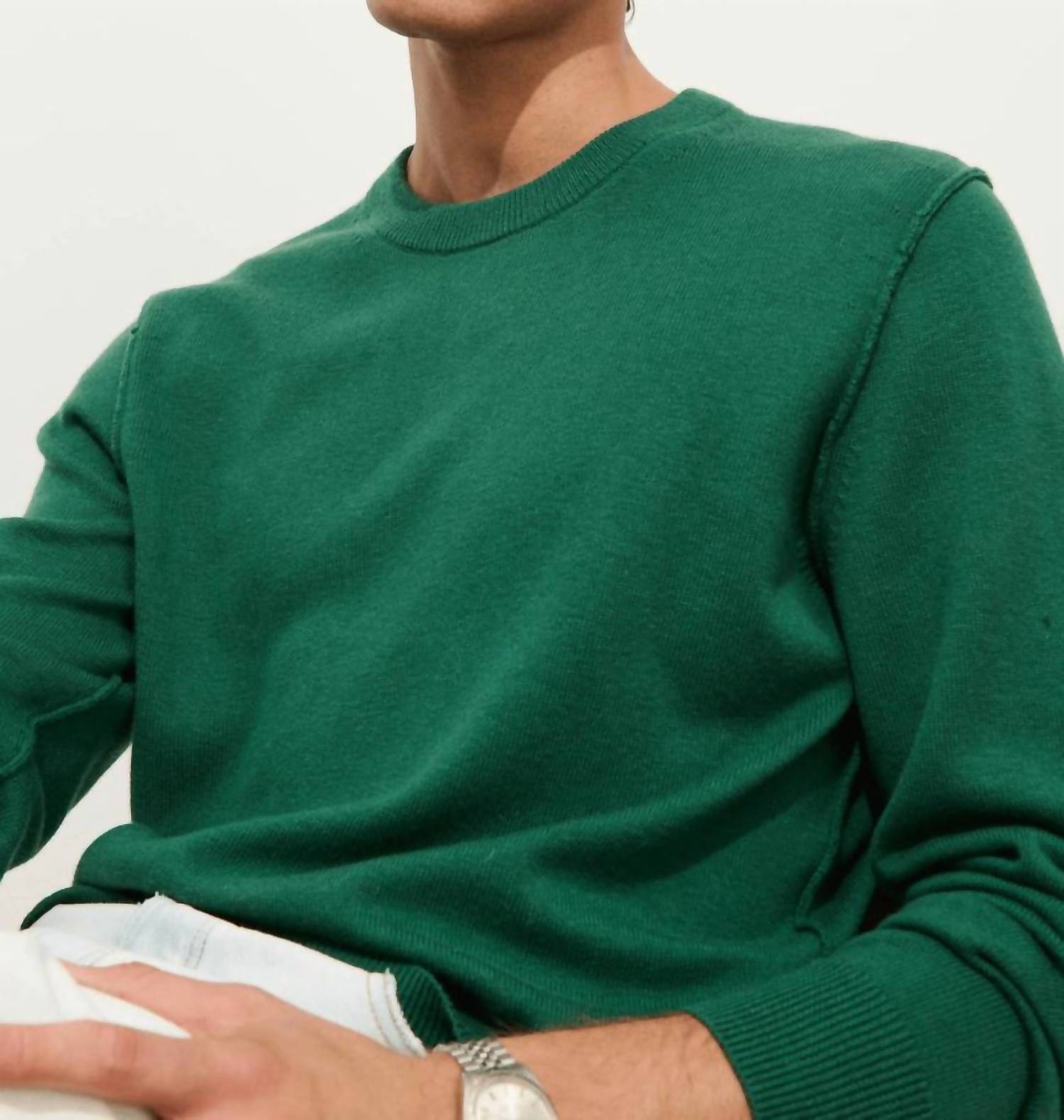ALEX MILL Reverse Seam Crew Sweater in evergeen - men's sweater - detail view