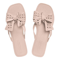 petite jolie Women's Sunny Rattan Weaved Large Bow Flip Flops in nude - women's sandal